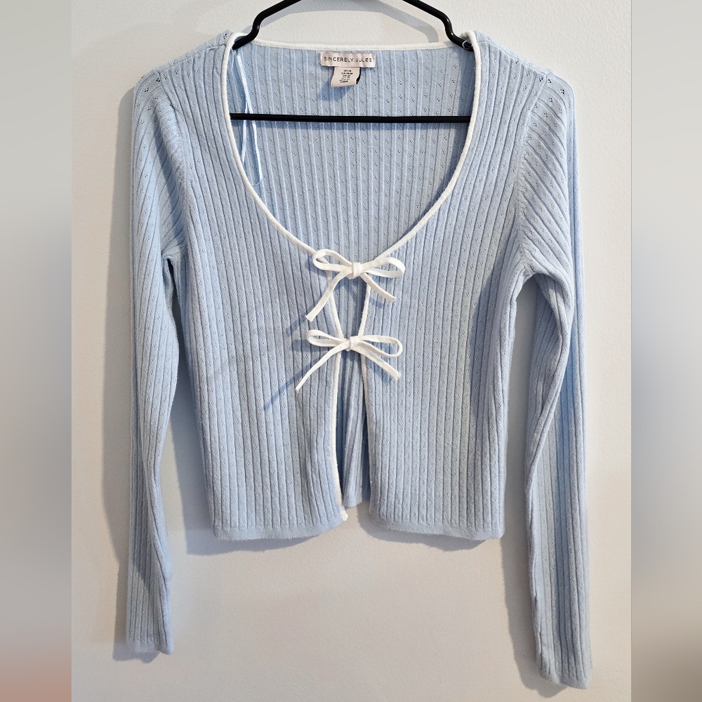 Sincerely Jules Light Blue Ribbed Pointelle Tie Front Cardigan with White Trim